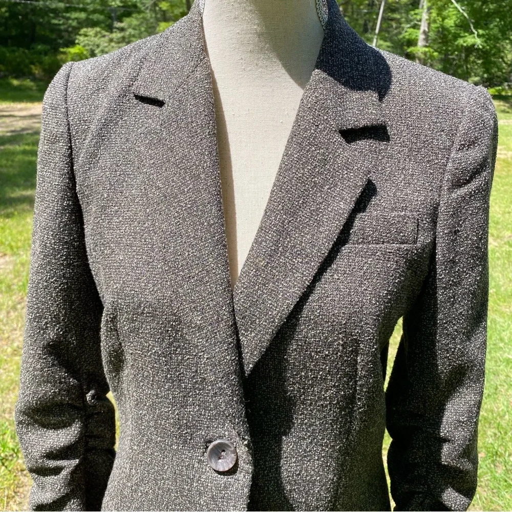 PEACE OF CLOTH JACKET COAT BLAZER BLACK GRAY 3/4 RUCHED SLEEVE POCKETS USA Sz 4
